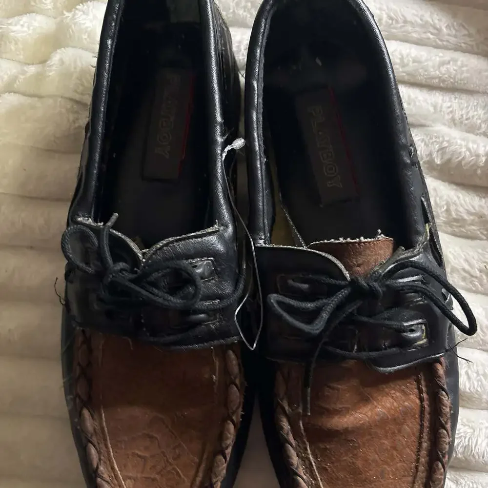 Vintage Playboy Leather Boat Shoes, Two-Tone Black and Brown, Size 11